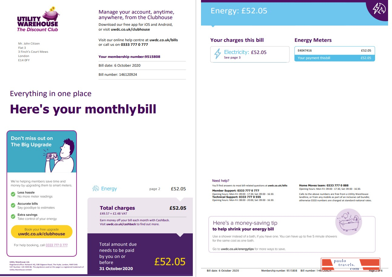 United Kingdom Utility Warehouse electricity utility bill template in Word and PDF format (6 pages) 1 2